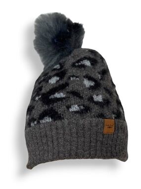 BRITT’S Knits Snow Leopard Pom Hat Charcoal Gray and Blue